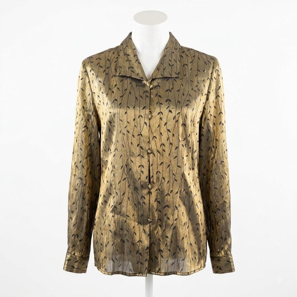 Vintage 90s Lauren Lee Metallic Gold Botanical Leaf Print Button Down Top 12